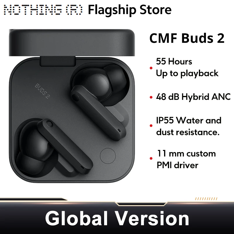 CMF Buds 2 Up to 13.5 hours of continuous playback 11mm PMI Driver with Dirac Opteo™48 dB Hybrid ANC 6-mics Clear Voice Tech