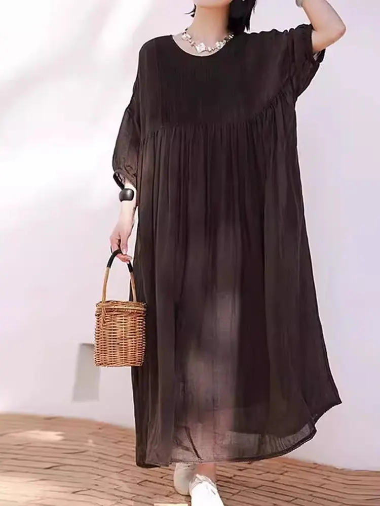 

Ретро-платье из хлопка и льна для женщин, летняя новинка, с пышными рукавами и плиссировкой, длинное и струящееся