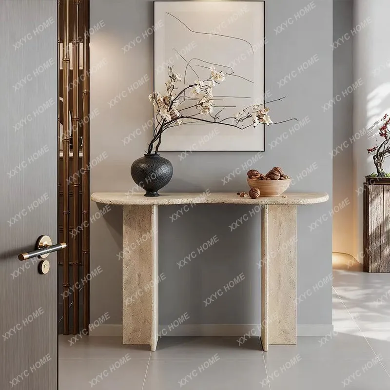 Natural travertine entrance table villa living room household light luxury entrance table minimalist marble strip case