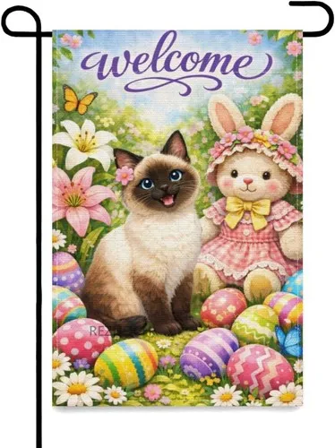 Funny Siamese Cat Easter Garden Flag,Cute Animal Bunny Doll, 12x18 Inch XXQ