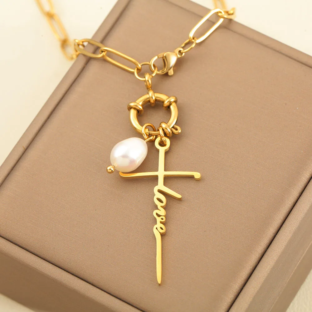 Golden Choker Women Pendant Necklace Spring Buckle Chain Freshwater Pearl Cross Pendants Women\'s Stainless Steel Jewelry Gifts
