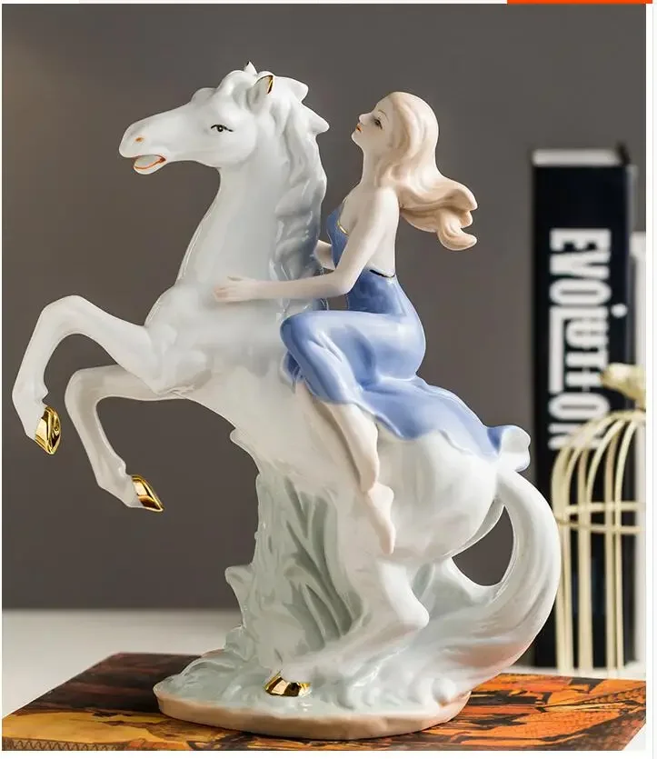 European Ceramic Horse Riding Woman Ornaments Home Livingroom Table Furnishing Crafts Hotel Office Desktop Figurines Decoration