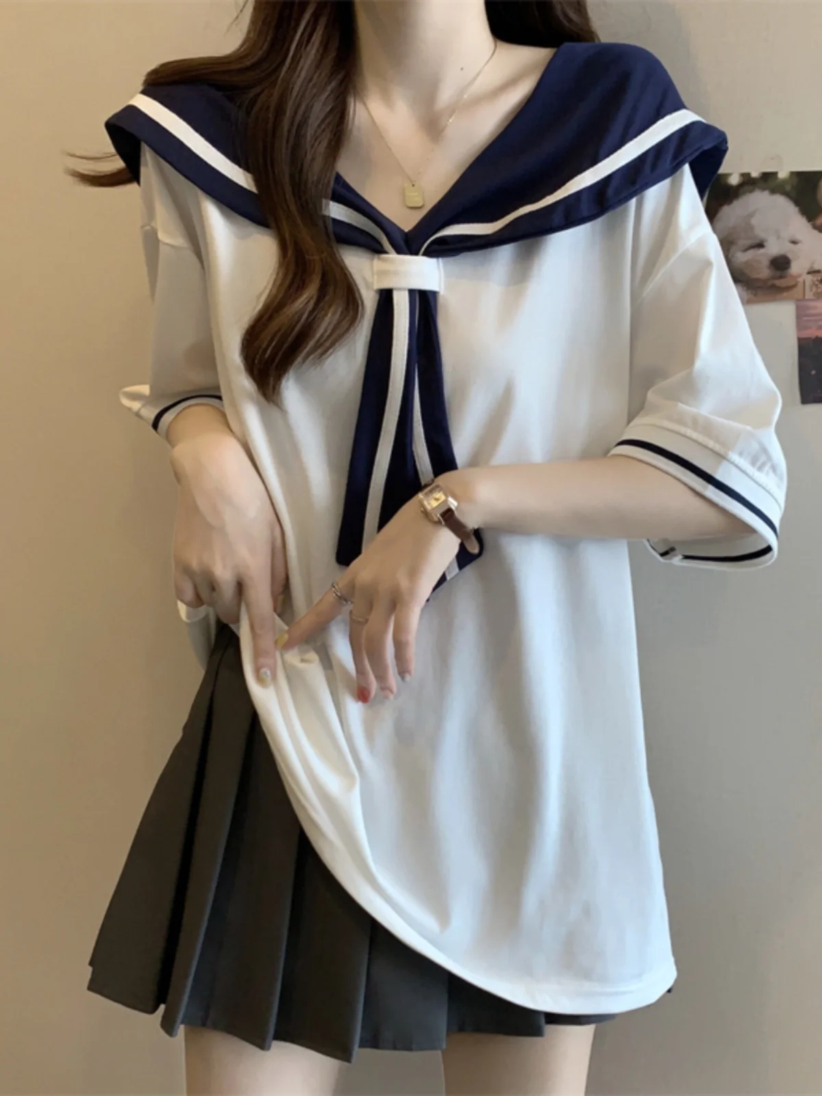 Navy Collar Short Sleeve T-Shirt Women's Summer Fashion plus Size Base Shirt Trendy Mid-Length Butt Covering Top