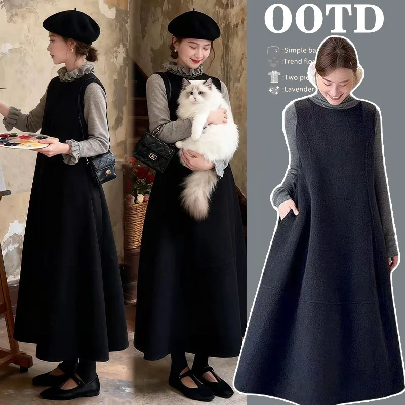 Maternity Suit Spring Autumn Gentle Elegant Vintage Retro Preppy Style Base Top and Vest Dress Two Piece Set For Pregnant Women