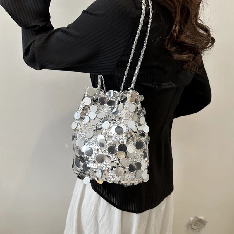 Fashion Trend Sequin Chain Single Shoulder Crossbody Bag Large Capacity Bucket Bag