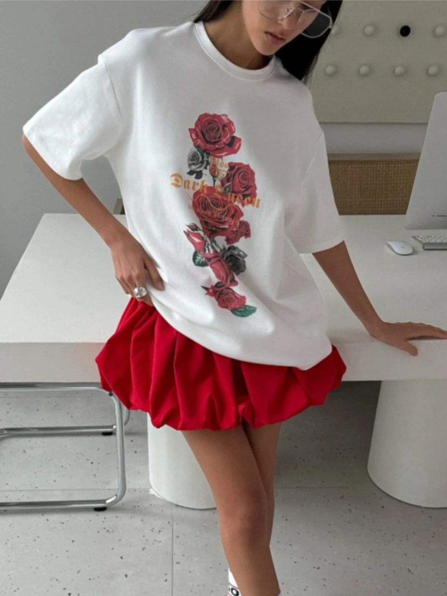 100% 코튼 여름 신상 꽃무늬 프린트 티셔츠 여성 패션 O넥 루즈핏 반팔 캐주얼 탑 티