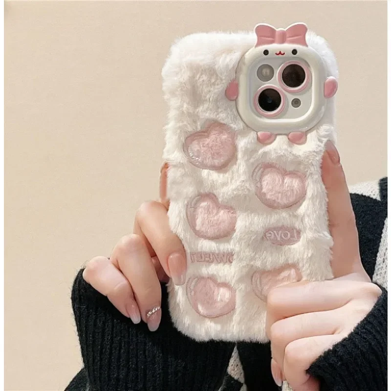 

Winter style Korean Cute Love Heart Plush Warm Fluffy Phone Case For iPhone 15 14 Pro Max Case 13 12 11 Soft Silicone Back Cover