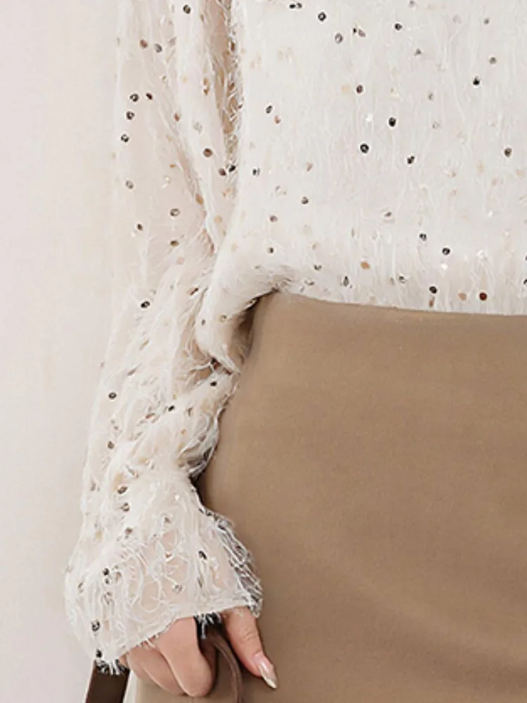 스팽글 태슬 시폰 탑 여성용 봄 가을 디자인 독특하고 아름다운 패셔너블한 스몰핏 스트레이트 컷 롱 슬리브