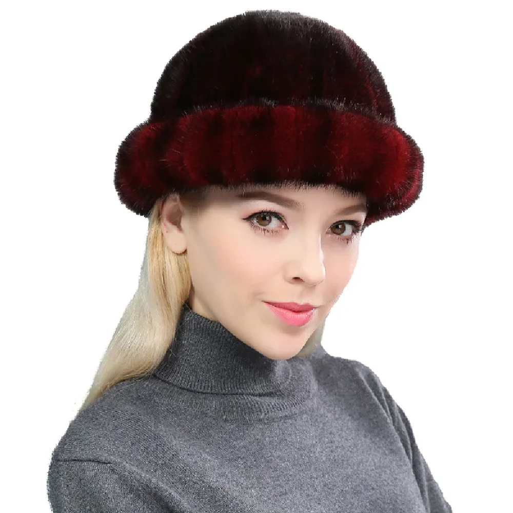 Women Real Whole Mink Fur Top Hat Winter Warm Cap Black Brown Coffee