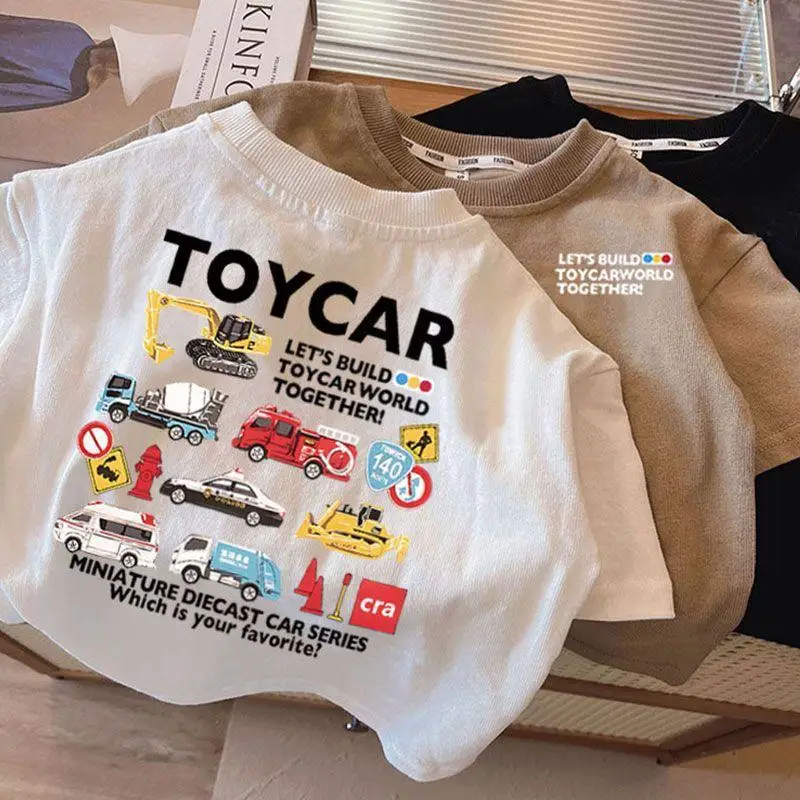 Camiseta de algodón con estampado de coche de verano para niños, camisetas de manga corta de boutique de moda para niños y niñas, camisetas con cuello redondo
