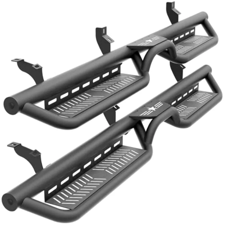 

Crew Cab Running Boards for 2019-2026 Ford Ranger Supercrew Cab, Black Powder Coated Steel, Two-Stair Bolt-on Design with Star