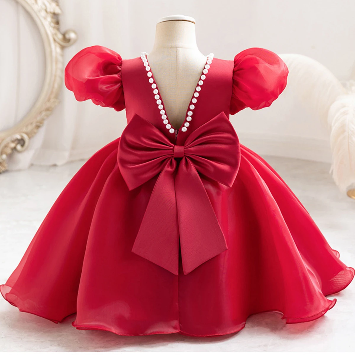 Grace Stylish Baby Toddler Puff Sleeves Backless V Back Flower Girls Birthday Party Pageant Toddler Holiday Dress