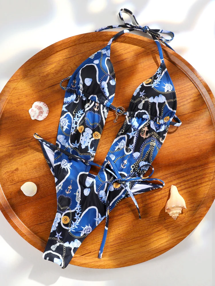 

Винтажный женский купальник 2026: Сексуальный синий слитный купальник с глубоким V-образным вырезом, пляжная одежда, новый купальный костюм, бандажный боди