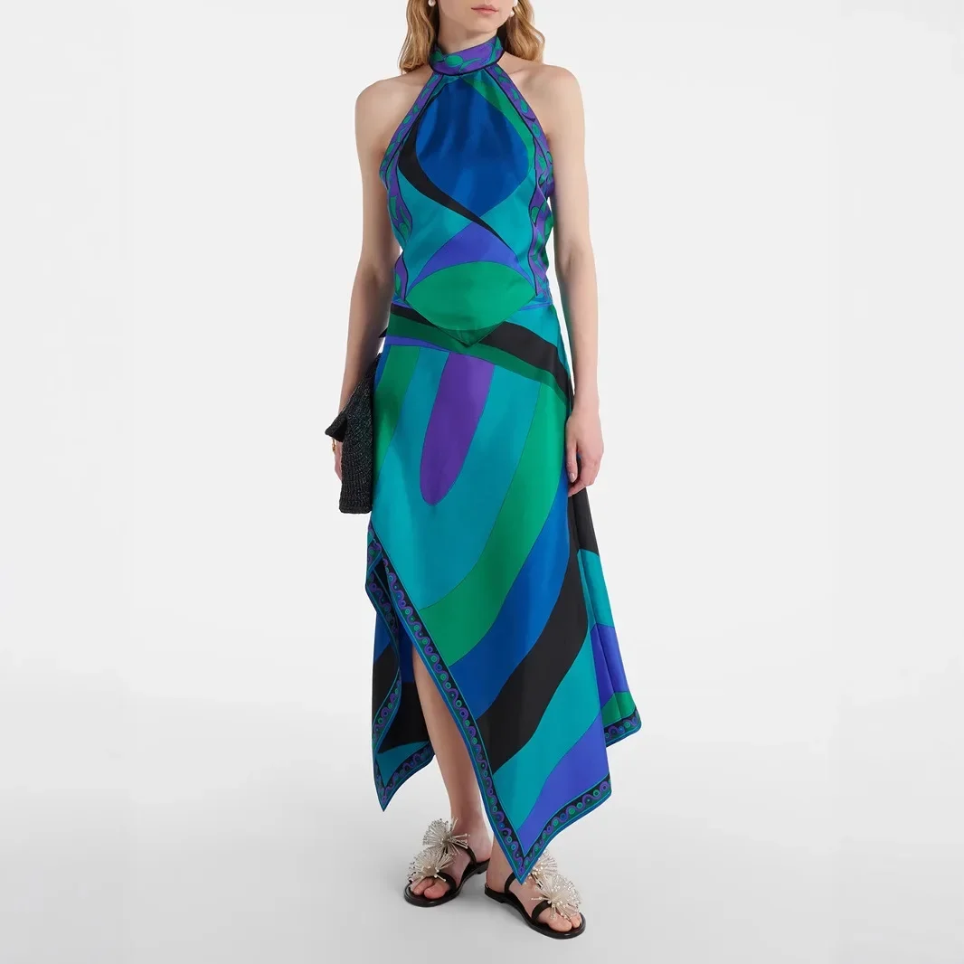 2025 جديد طباعة الساتان معلقة الرقبة الرسن تنورة غير النظامية مجموعتين قطعتين مجموعات ملابس نسائية تنورة مجموعات تنورة