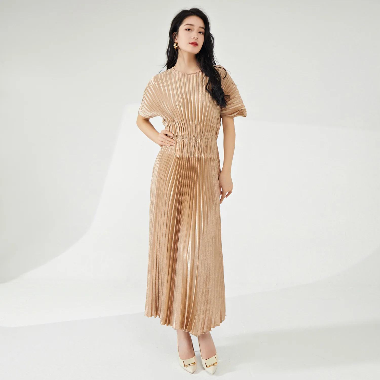 Gold Emed asymétrique plissé Long Dr minceur femme Faion Ele taille haute régulier Sve t-shirt fibre d'acétate