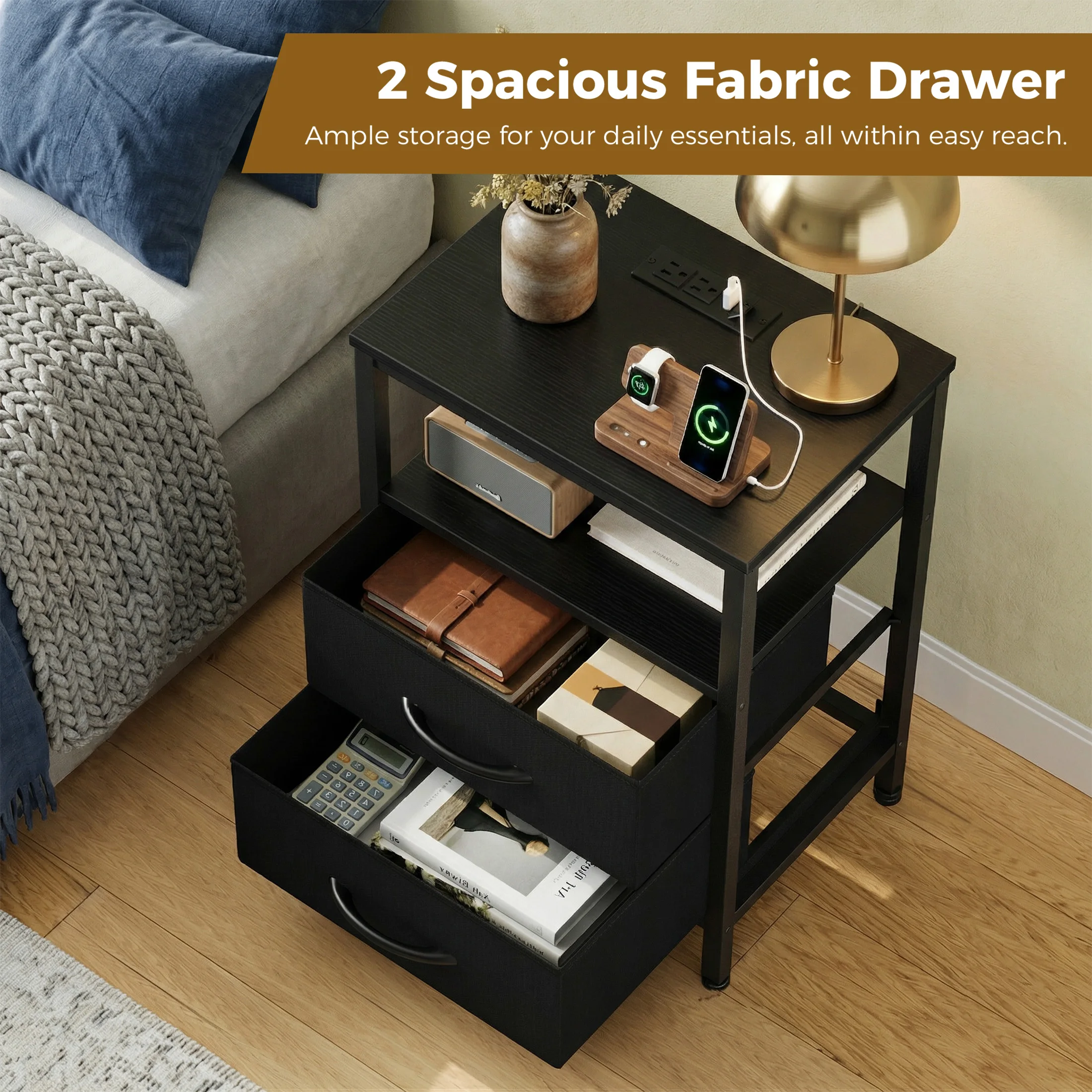JHK 2 Fabric Drawers Night Stand with Open Shelf Bedside Table with USB Ports Charging Station Storage End Table for Living Room image 6