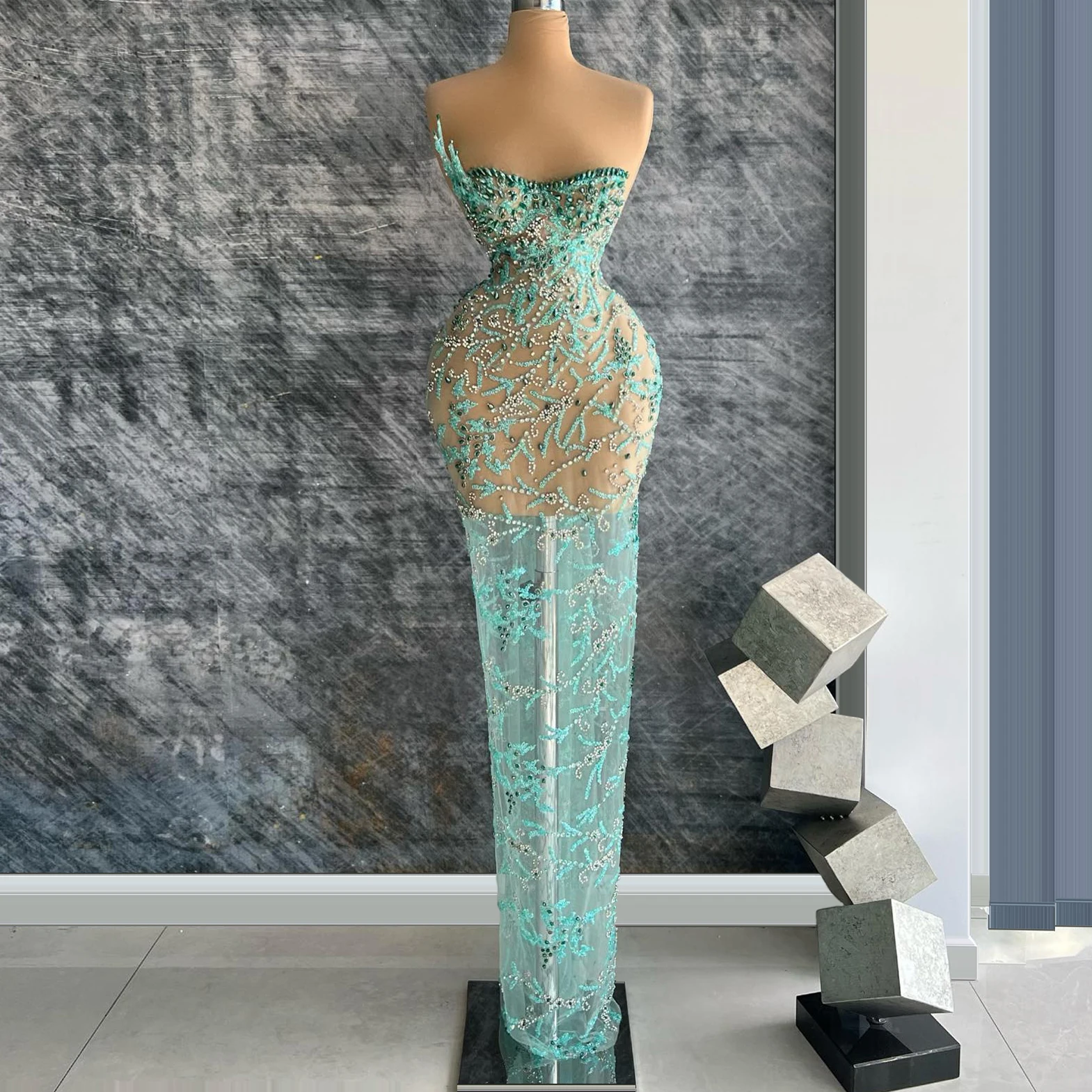 

Mint Mambo Green Sheer Evening Gown with Beaded Crystal Long Ball Gowns women evening dresses 2025