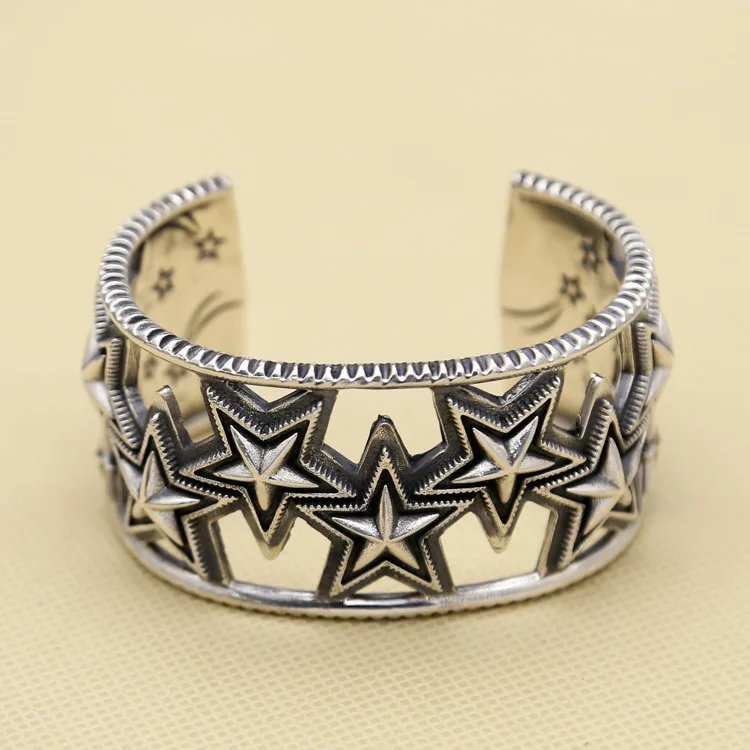 European and American motorcycle high gear S925 pure silver five pointed star bracelet, domineering hollowed out wide version me