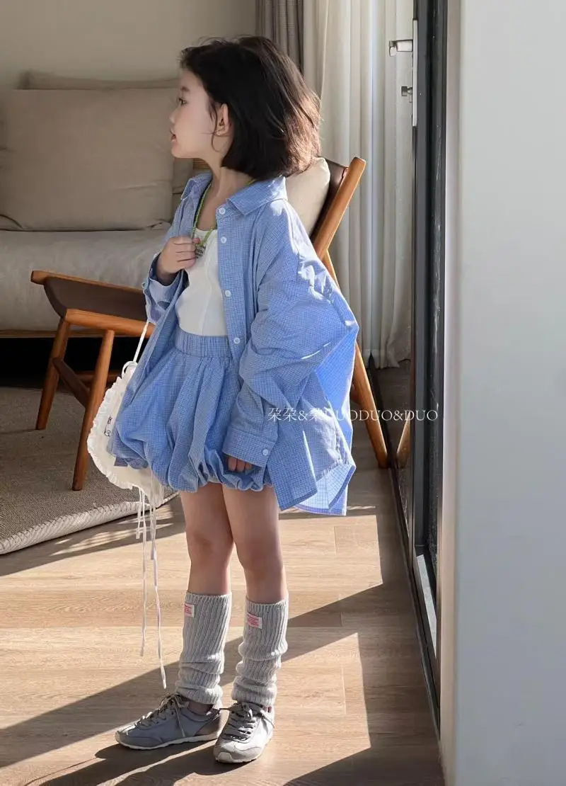 

Summer Girls' College Style Set Fashionable New Children's Stylish Checkered Shirt+Skirt 2-piece Set