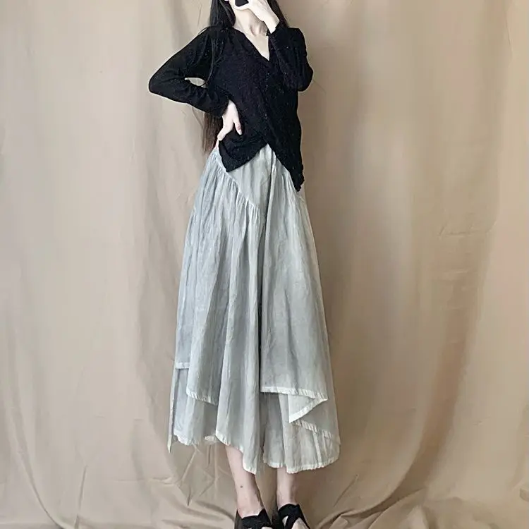 Falda larga Irregular de cintura alta elástica casera de verano falda de doble capa con estampado plisado y teñido de plantas