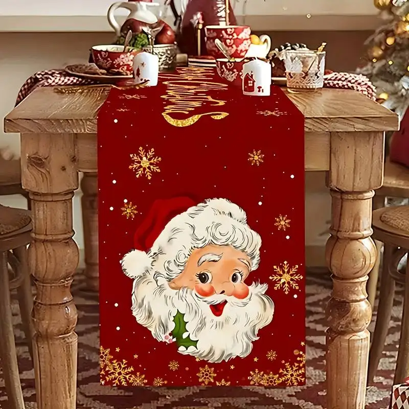 1pc Red Gold Glitter Santa Table Runner,Merry Christmas Cursive Lettering with Snowflake Holly,Indoor Outdoor Dining Party Decor