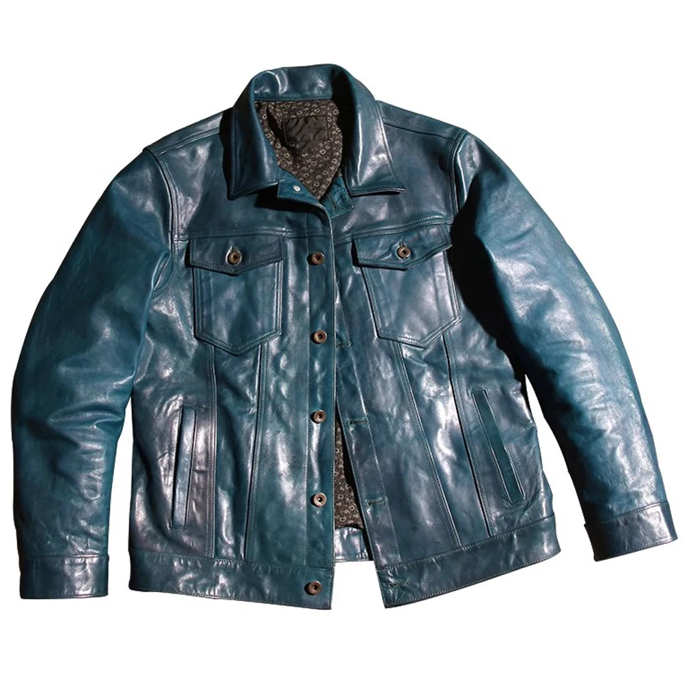 

American Fashion Blue Coat For Man Genuine Leather Horsehide Leather Biker Mans Jacket Fashion Motorcycle Street Overcoat