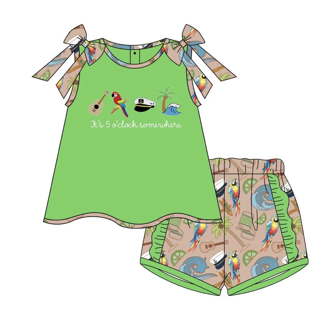 Summer Toddler Boys Girl Parrot Tropical Print Outfit Set Bow Strap Baby Romper Ruffled Hem Dress