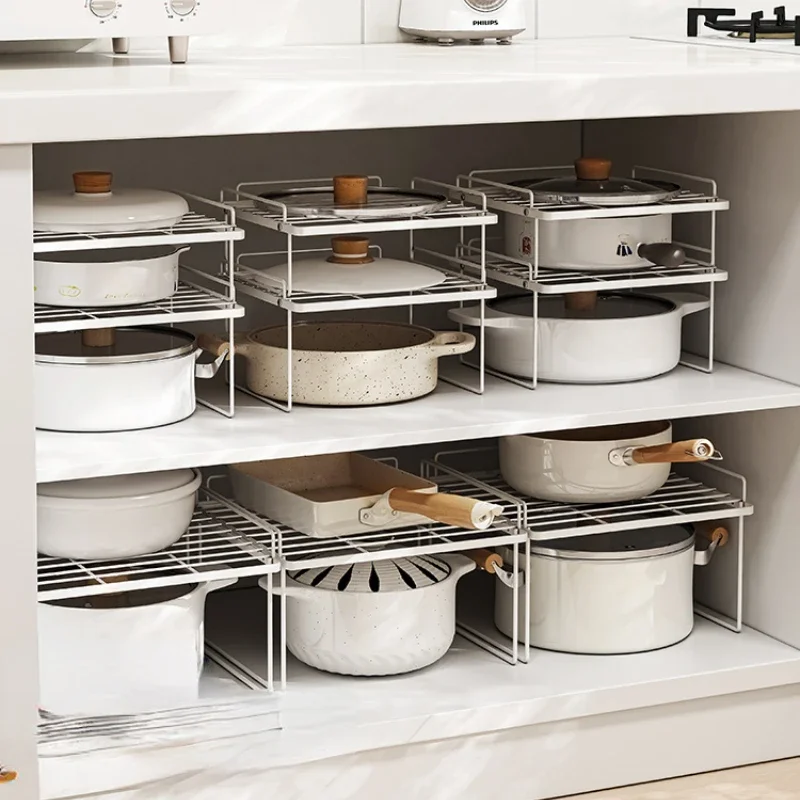 

Kitchen Cabinet Lower Cookware Storage Rack Household Cabinets Inner Pot Rack Table Top Kitchen Utensils Layered Storage Rack