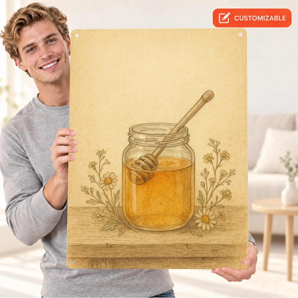 Vintage Honey Jar With Dipper Aluminum Poster Bold Contemporary Illustration Cafe Wall Art Customized Metal Sign Birthday Gift