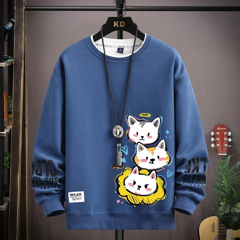 Autumn Men's Sweatshirt Harajuku Fashion Cute Cartoon Cat Printed Long Sleeve T-shirts Women Streetwear Men Crew Neck Pullover