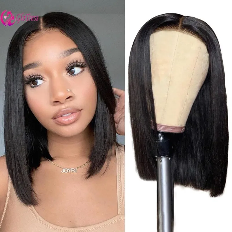 

European and American High Quality Hairline Women's 180% Density Human Hair Hand Woven 4x4 Forehead Lace Straight Tube Wig