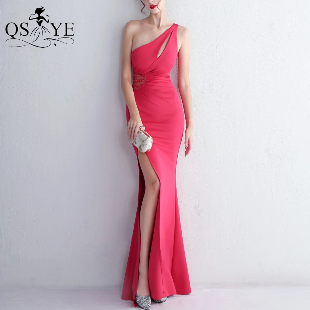 

One Shoulder Magenta Prom Dresses Sexy Split Party Gown Formal Beaded Waistline Elegant Ruched Woman Evening Dress Bridesmaid