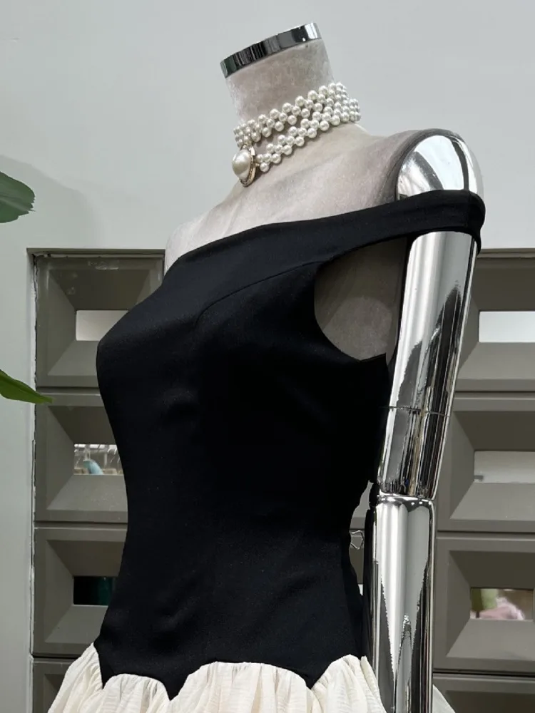 DFDG Abito da donna con spalle scoperte e spalle scoperte, vita smockata, gonna a sbuffo color block, abito da vacanza design primavera estate