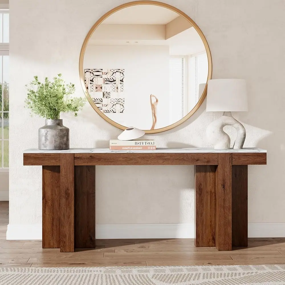 

71" Long Wood ole Table with Marble Top, armhouse Retro Color Blocking Soa Table Behind the Couch, Narrow Entryway Table or Hall