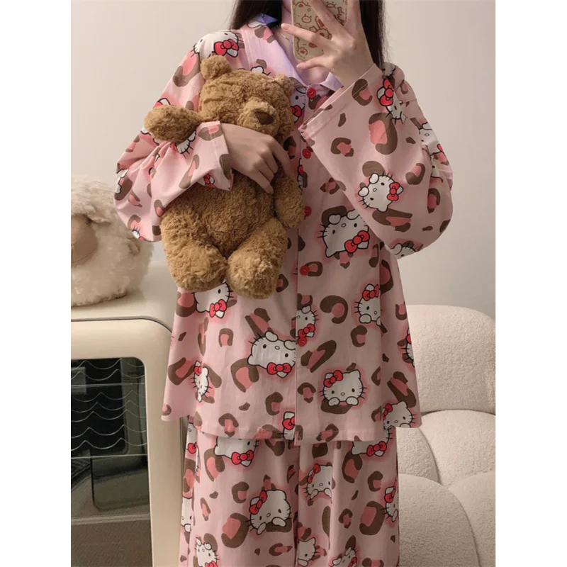 Pyjama en coton à manches longues pour femmes, ensemble 2 pièces, pantalon décontracté, vêtements de détente Hello Kitty, dessin animé Sanurgente, automne, nouveau