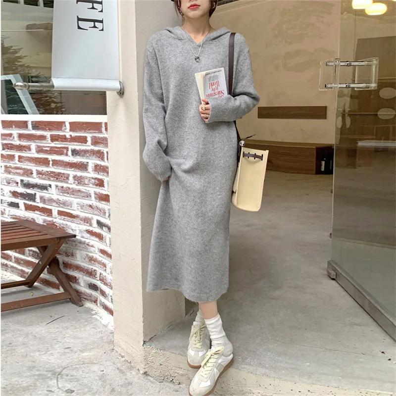 Lazy Chic Hooded Women Dresses Daily Casual Comfortable Long Sleeve High Street Ladies Dress Autumn Winter Clothes E2860