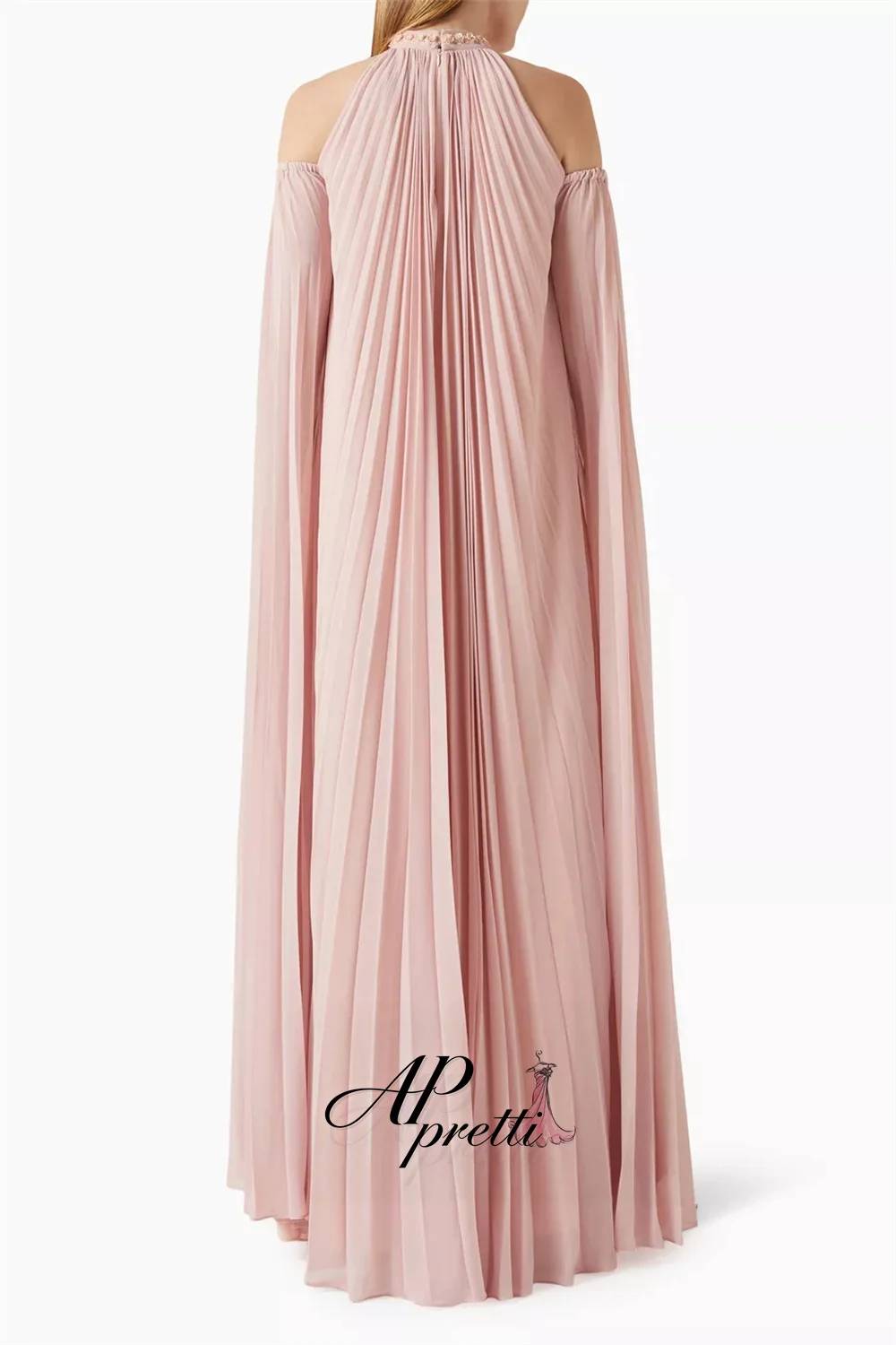 AP pretti Elegant Pink Pleat Chiffon A-line Evening Gown Dress Halter Long Sleeves Prom Gown Customized Wedding Reception Dress