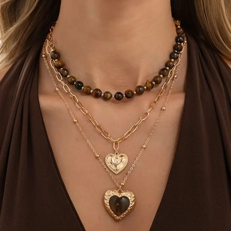 SHIXIN 3 Pcs/set Bohemia Cat Eye Stone Heart Pendant Gold Color Necklace for Women Vintage CCB Beaded Choker Daily Jewelry Gifts