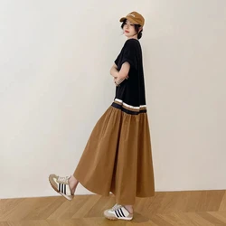 2024 Summer Women's Dresses Loose Plus Size Patchwork Lady Vestidos Short Sleeve Female Robe T-Shirt Black Dress Clothes KE6435