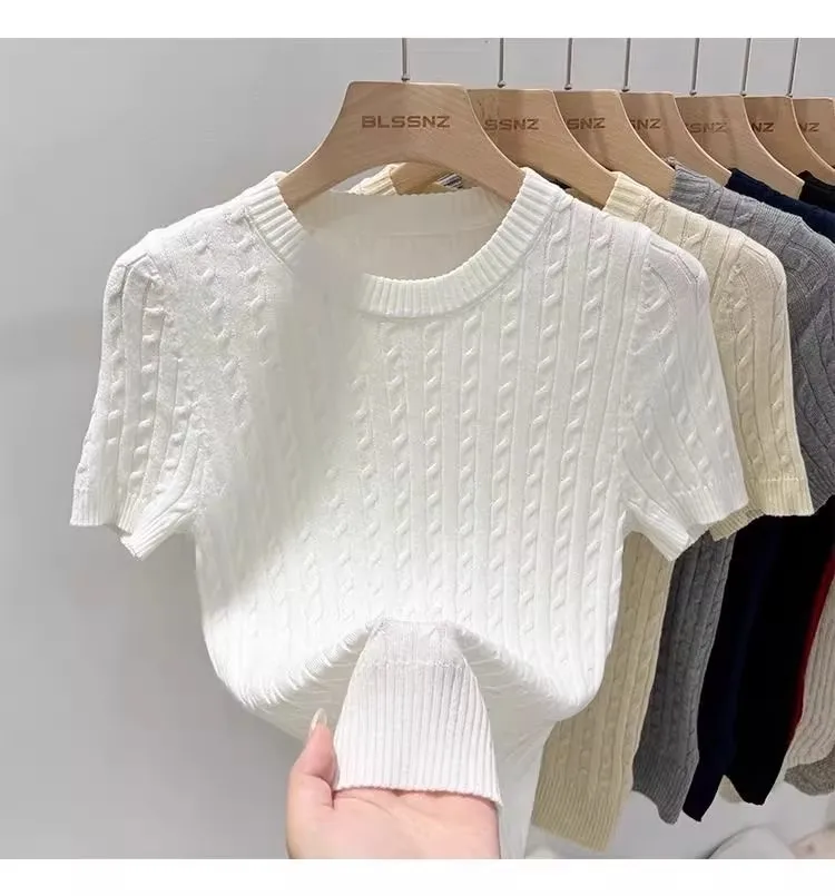 Zjaiss 2026 Summer Korean Retro Elegant Texture Short Sleeve O-Neck Twist Knit Top Women Soft Casual Versatile Thin T-shirt