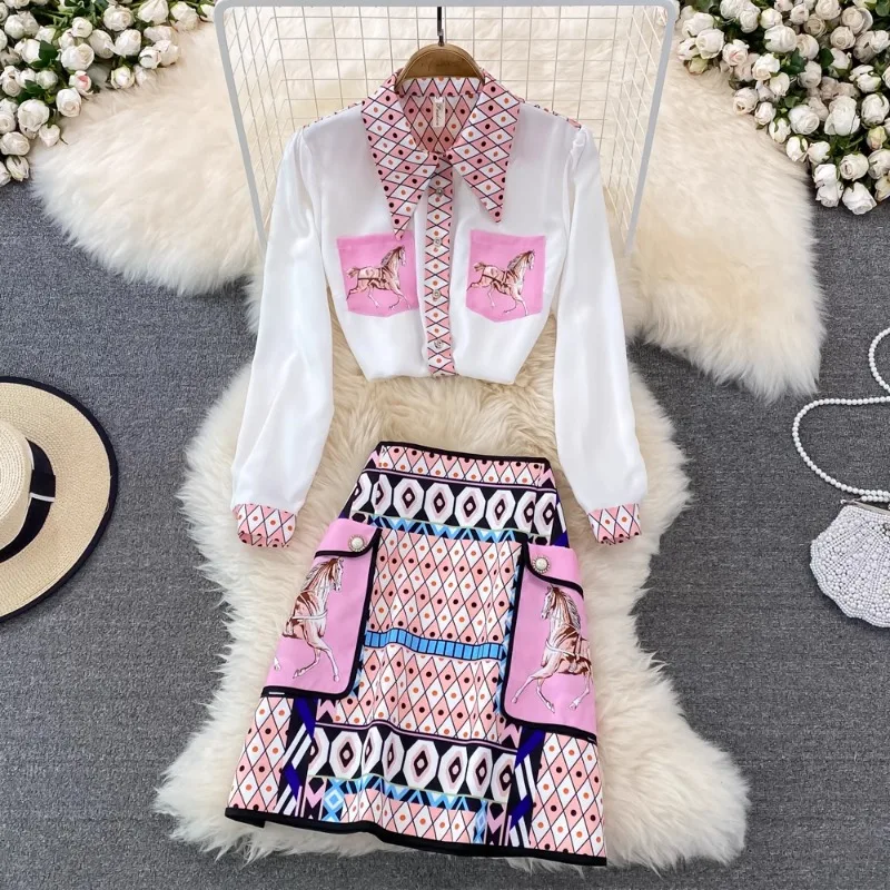 Vintage Geometrial Printed Two Piece Set Women Long Sleeve Shirt + Bodycon Mini Skirt Suit Street Vintage Slim Waist Suits 2024