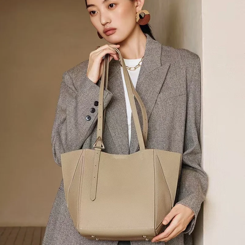 Stereoscopic Geometric Tote Bag with Top-Grain Cowhide Solid Color Splicing Single Shoulder Underarm Mother-Child Bag Foldabl