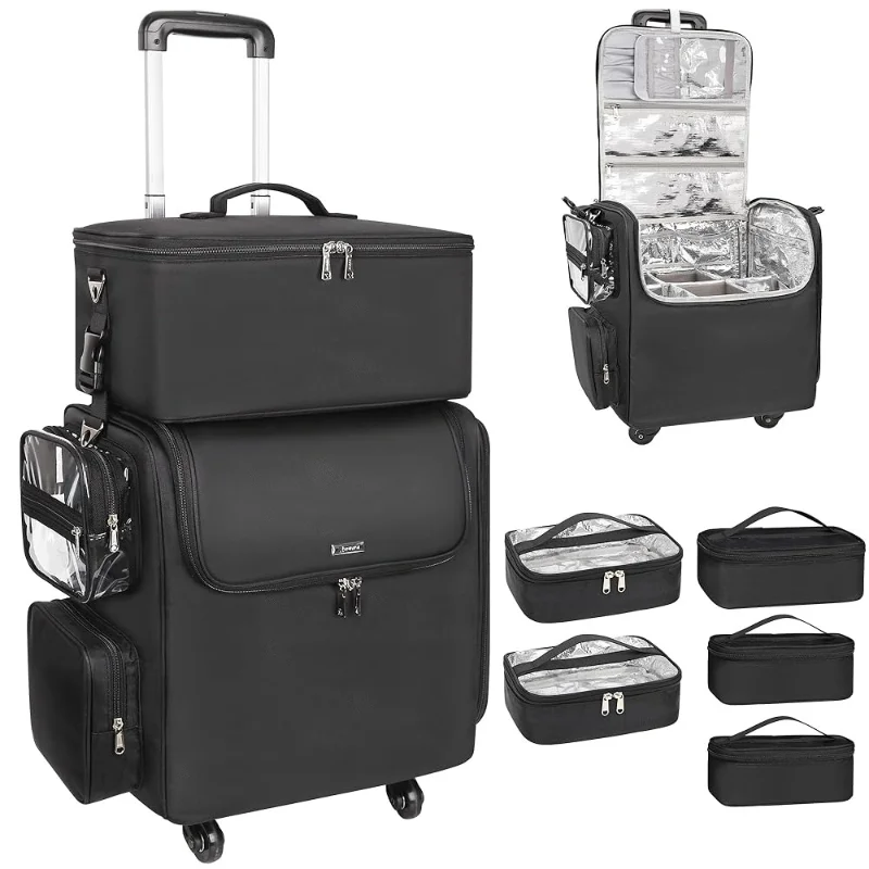 Hairstylist Travel Bag with 5 Small Transparent Bags Rolling Makeup Train Case with Large Makeup Trolley Case