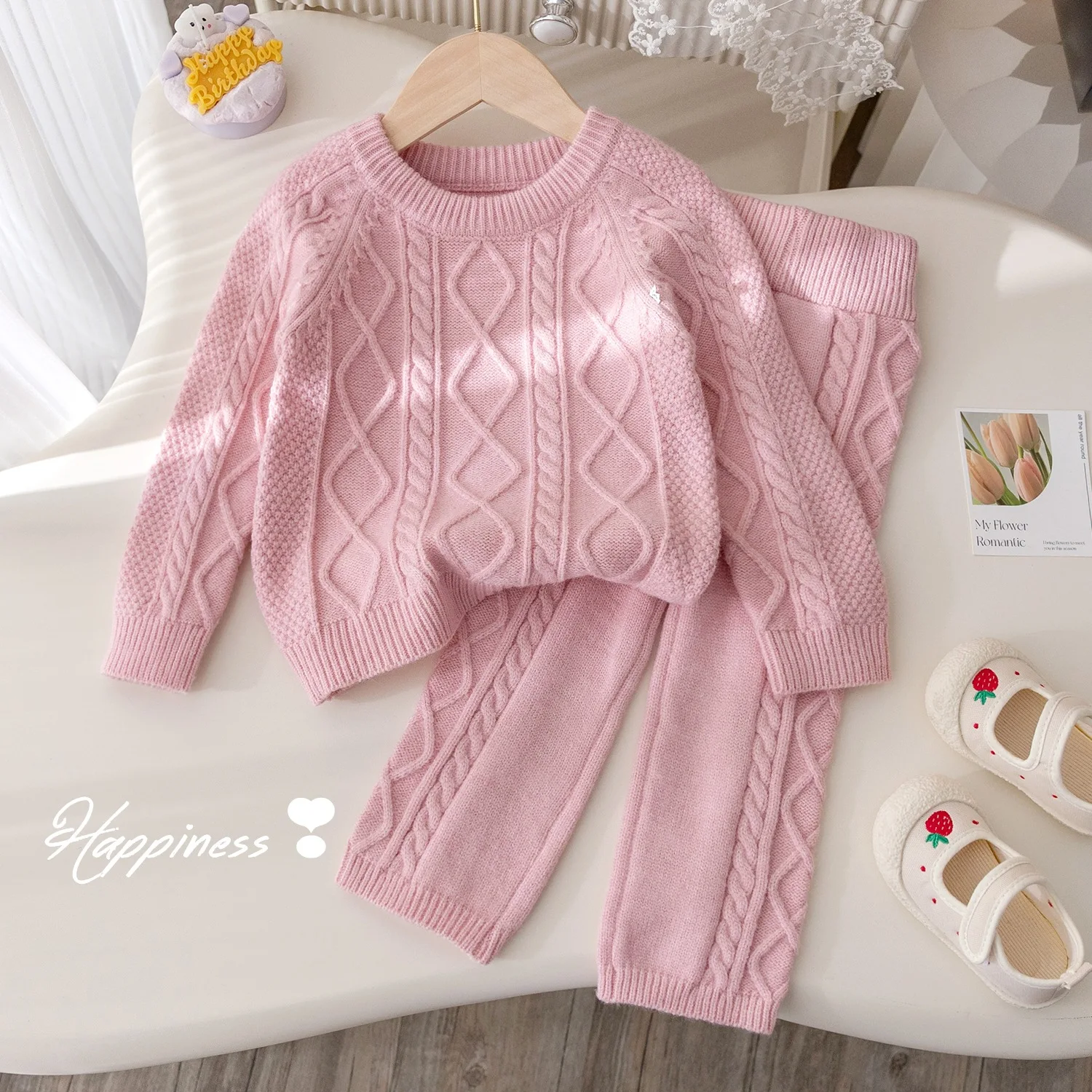 Autumn Winter Korean Children Girls 2PCS Knitwears Set Thick Knitted Solid Sweater Versatile Pants Suit Kids Girls Outfits