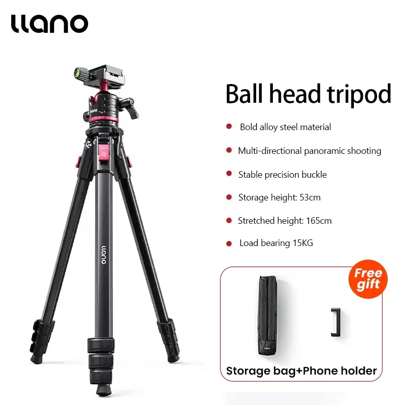 Llano Professionele Fotografie Camera Statief Reistelefoon Statief met Fluid Head (Max. Belasting: 15KG) Hoogte van 53cm tot 165cm