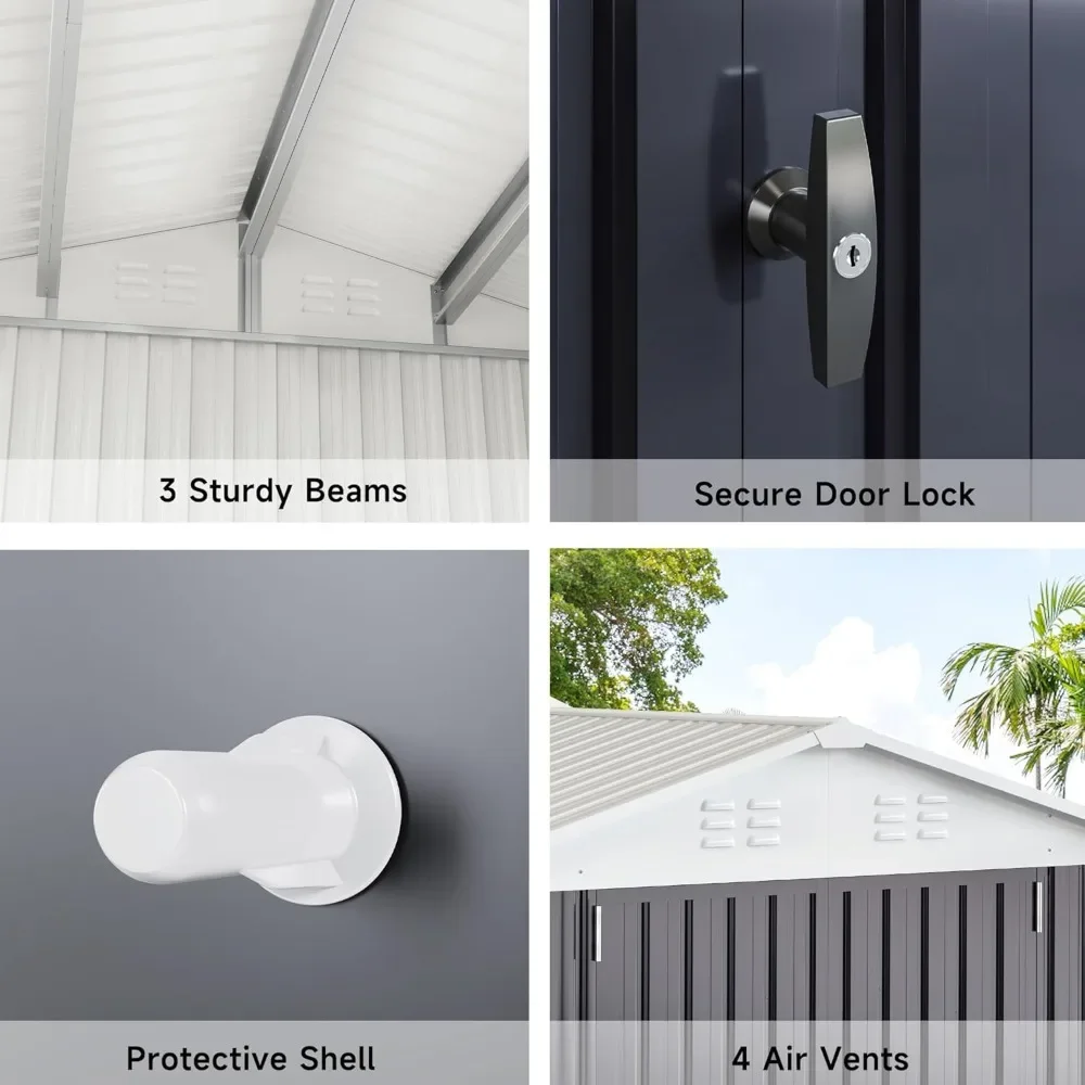 سقيفة تخزين خارجية مقاس 6 × 8 أقدام، سقيفة حديقة معدنية مع هيكل إطار محدث، سقيفة أدوات لحديقة الفناء الخلفي والحديقة باللون الأبيض #4