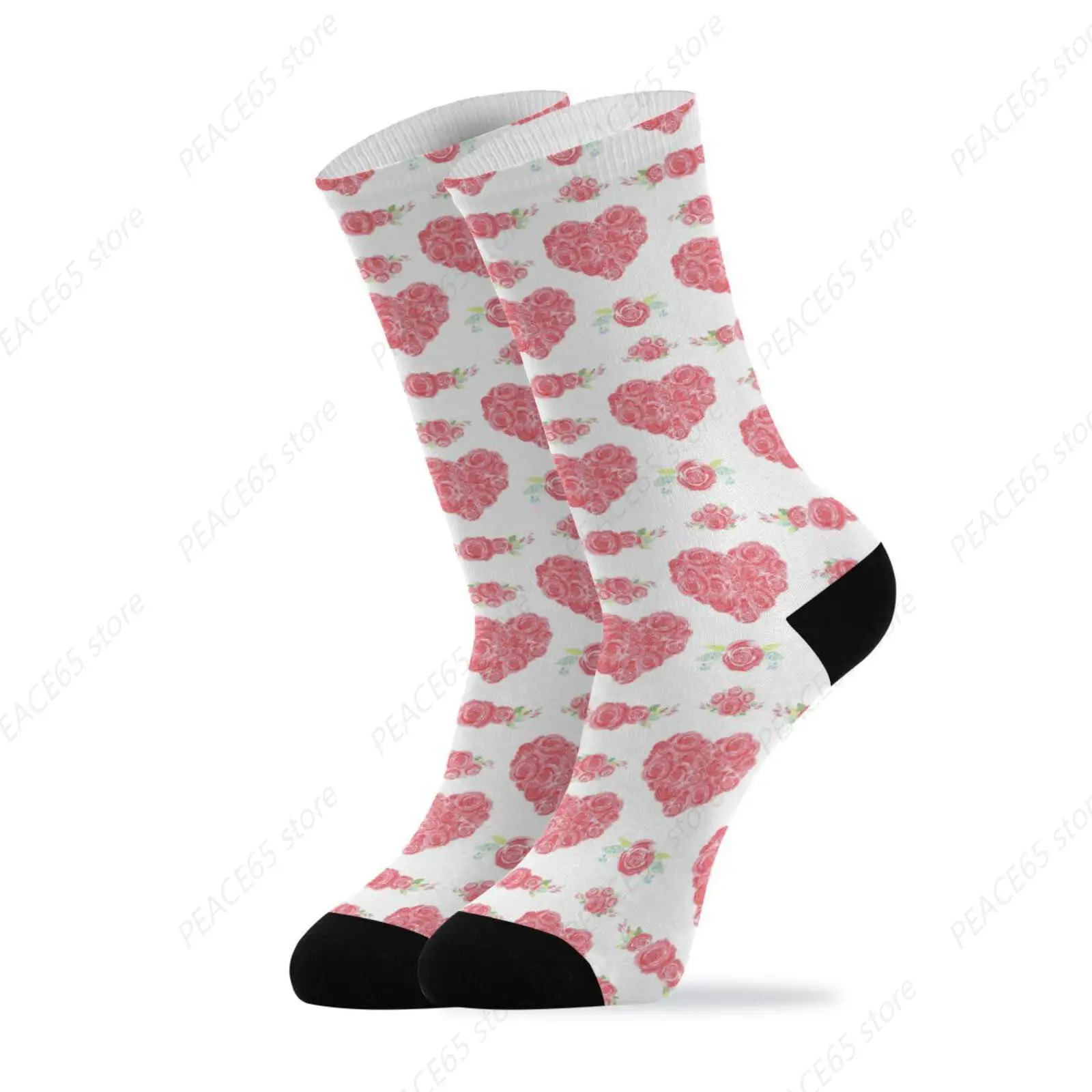 Red Roses Heart Socks for Women and Men Floral Watercolor Long Socks for Athletic Running