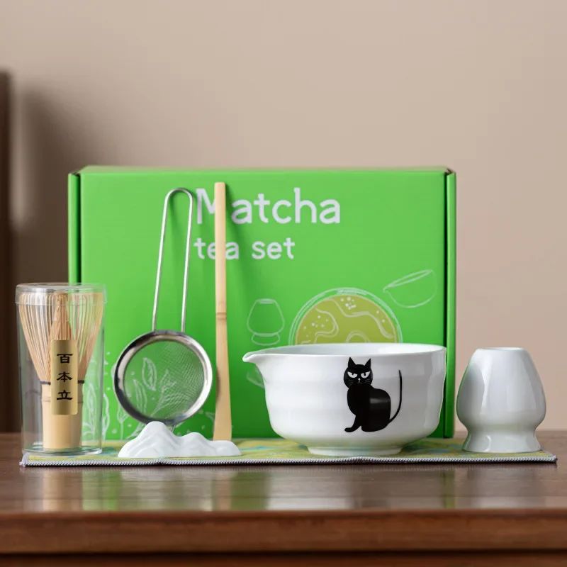 Japanese Matcha Set, INS Style Ceramic Chawan Bowl with Cat Design, Includes Bamboo Chasen Whisk - Cute Strawberry & Cat Themed