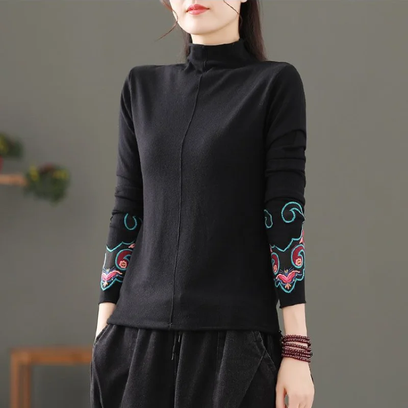 Autumn and Winter New Temperament Women's Clothing Printed Half High Neck Long Sleeve Simplicity Solid Color Versatile Pullover