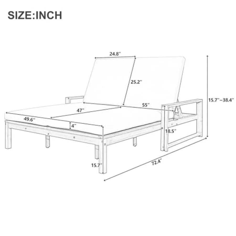 Outdoor double lounge chair for poolside, garden, beach lawn, patio; wood frame with beige cushions; 5-position adjustable back
